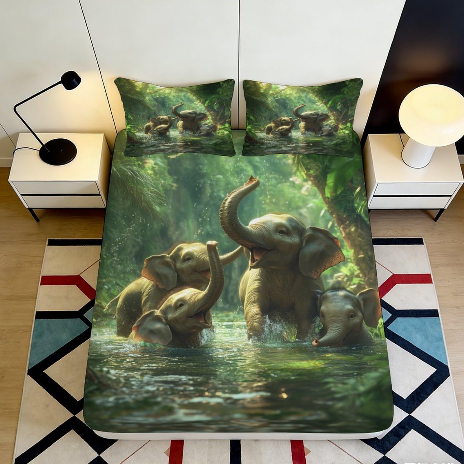 3D Printed Elephant Family Fitted Sheet Microfiber Soft Breathable Jungle Animals Bed Cover for Bedroom Dormitory Guest Room Mattress Protection Decor 160x200x25cm
