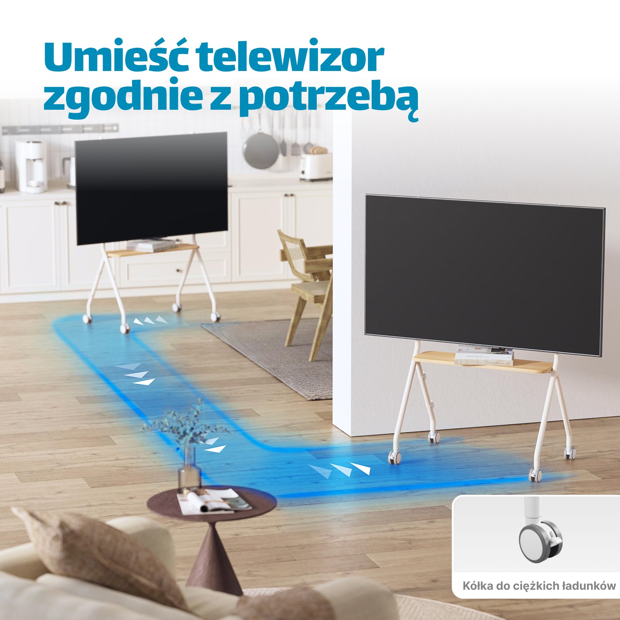Mobilny stojak TV typu sztaluga do telewizorów 49–80 cali – wózek na kółkach z blokadą, regulowana wysokość, drewniane półki i system zarządzania kablami, VESA 600x400, kolor biały
