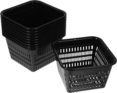 Yardwe 7 Inch Square Net Pots for Hydroponics, 10 Pack Heavy Duty Slotted Mesh Net Cups for DWC System, Large Plastic Orchid Pots with Holes, Black Wide Lip Bucket Insert
