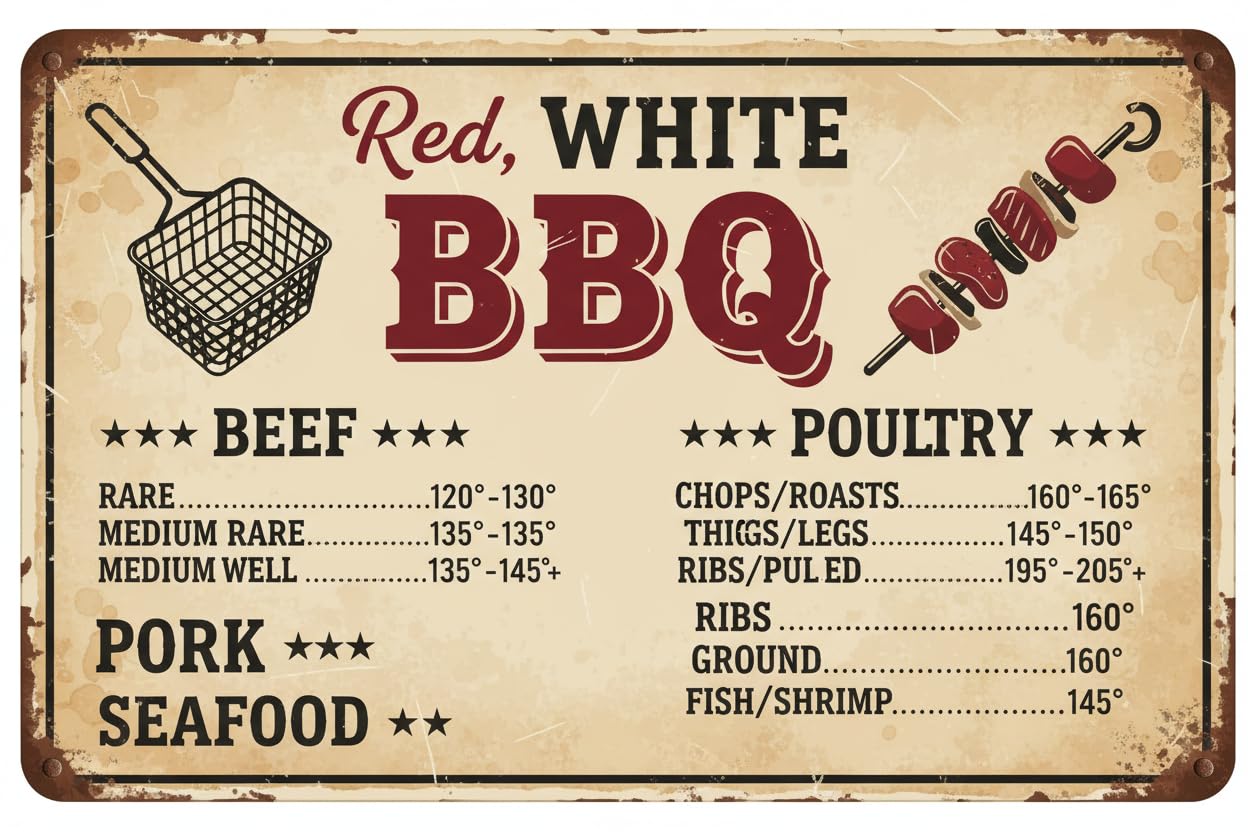 Meat Cooking Temperature BBQ Tin Sign, 8x12 Inch Grill