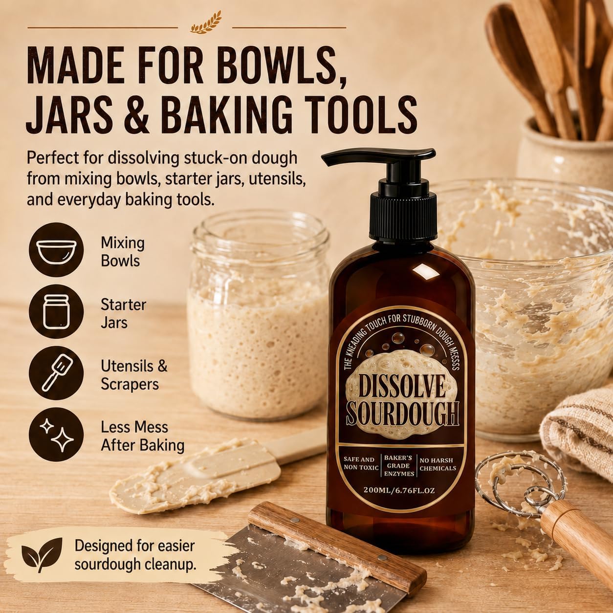 Dough Cleaner Soap for Sourdough, Enzyme-Based Dissolve Cleaning, Breaks Down Sticky Dough Residue Fast for Bowls, Jars & Baking Tools – Plant-Based Formula, 200 ML/6.76 OZ (1PC)