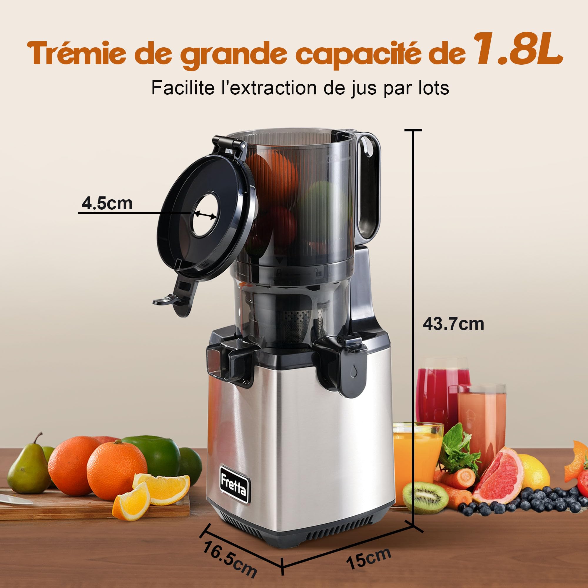 Fretta Extracteur de Jus à Mastication Lente 250W, Grande Goulotte 135mm, Sans BPA, Acier Inoxydable