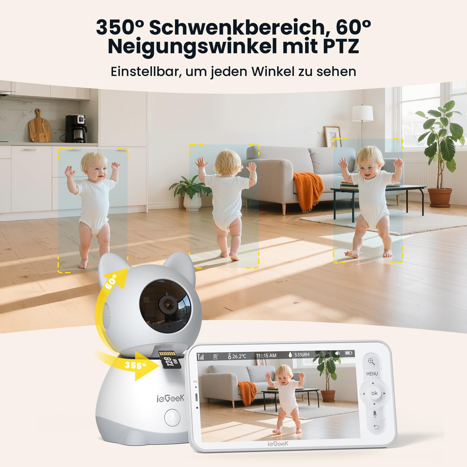 ieGeek 2K-Babyphone mit Kamera und Nachtsicht, 5-Zoll-WLAN-Video-Babyfon, Gegensprechfunktion, Schrei-/Bewegungserkennung, Temperaturerkennung, PTZ, Mobile App