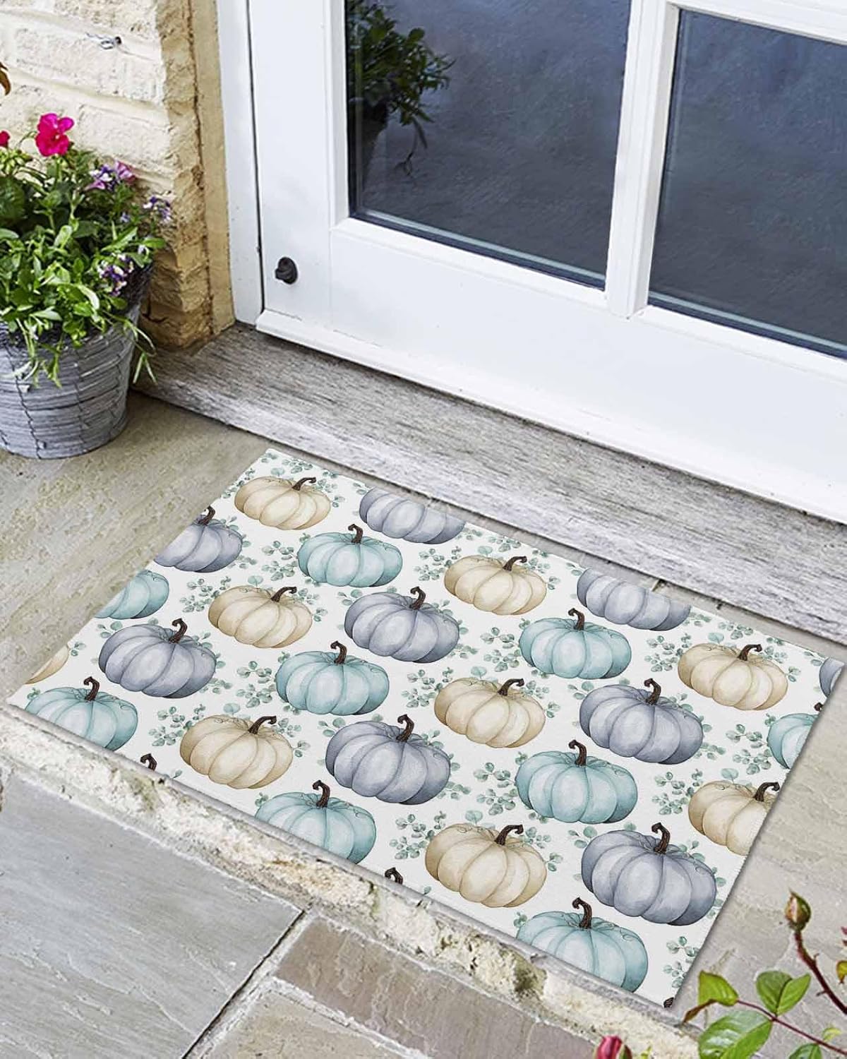 Front Door Mat, Absorbent Door Entry Mats, Doormats Indoor/Outdoor Entrance Small Rugs, Fall Thanksgiving Watercolor Pumpkin Eucalyptus Leaves Texture Doormat - Floor Mats for Home 24x36 Inch