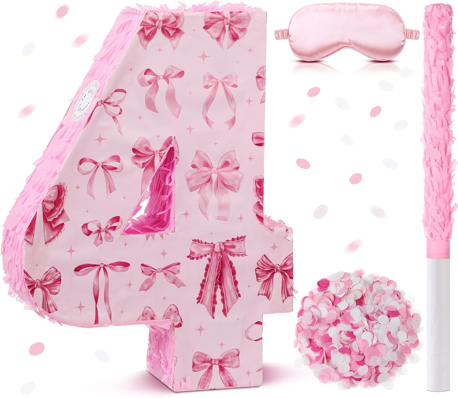 16 Inch Pink Bow Piñata Pink Bow Birthday Piñata Decorations with Blindfold Confetti and Stick for Sleepover Birthday Girls Coquette Theme Party Anniversary Celebration Supplies(Number 7)