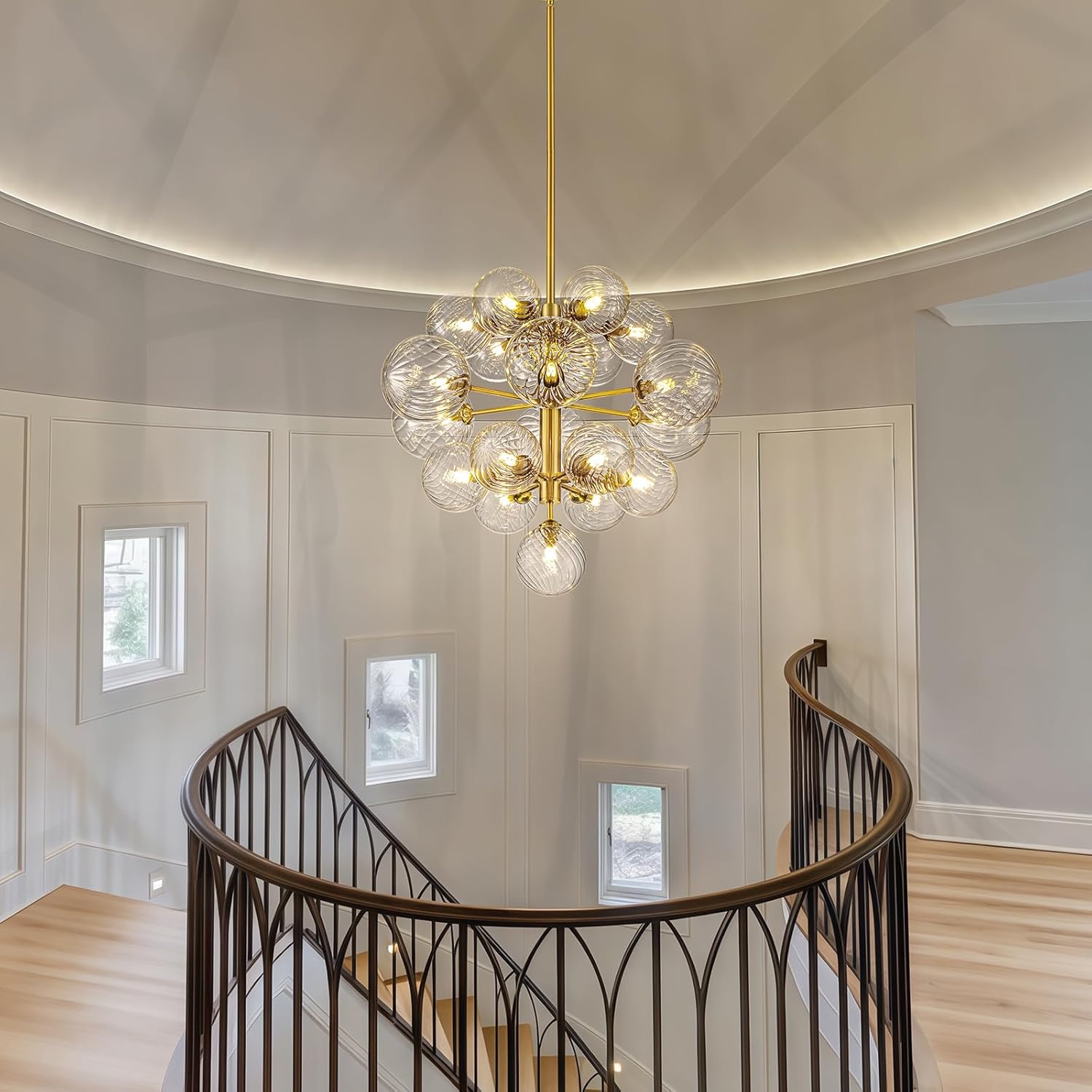 19-Light Brass Glass Bubble Chandelier with Clear Swirled Glass Ball Globes, 24" Gold Hand Blown Glass Mid Century Modern Sputnik Chandeliers for Dining Room Art Deco Chandelier for Bathroom Bedroom
