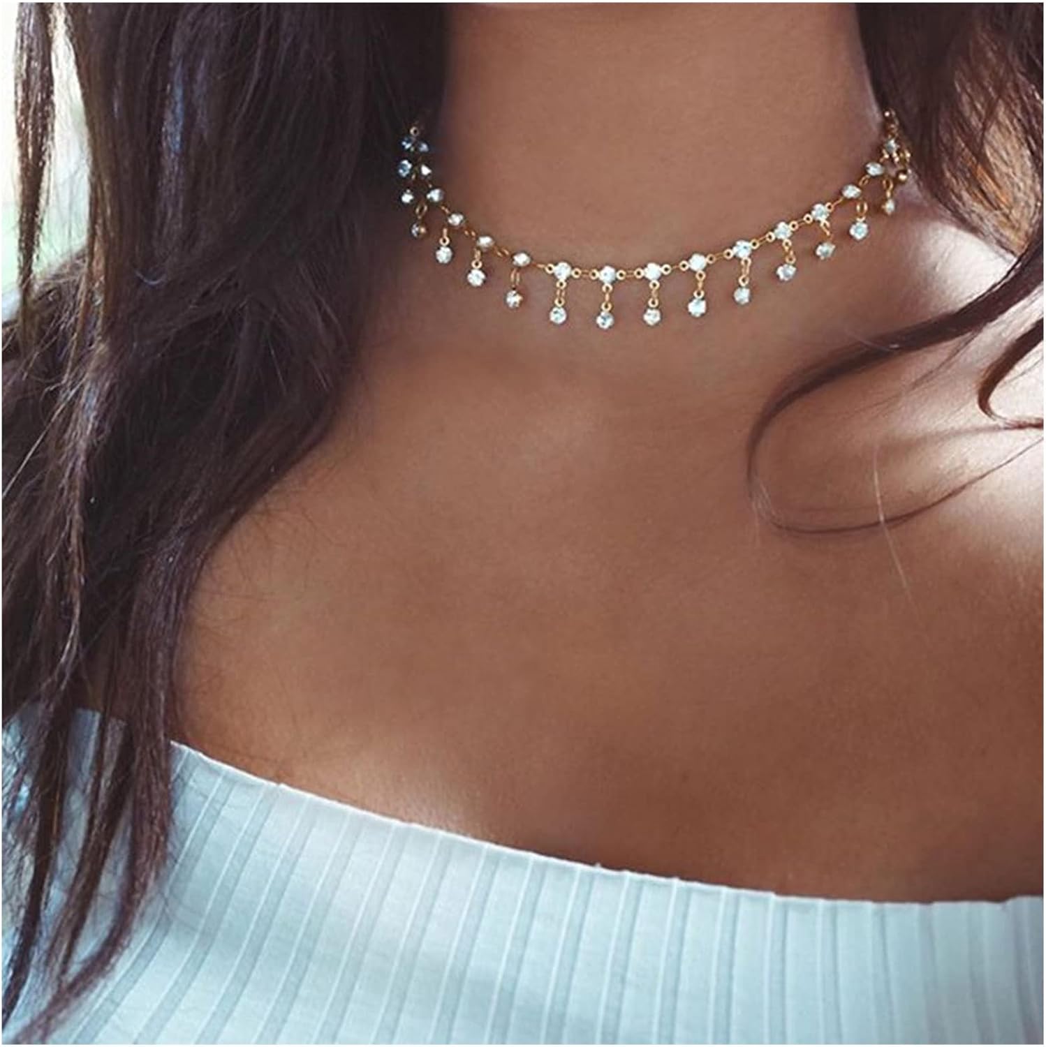 Andelaisi Boho Rhinestone Choker Necklace Crystal Rhinestone Dangle Drop Necklace Rhinestone Fringe Necklaces Chain Retro CZ Tassel Choker Necklace Chain Jewelry for Women - Image 2