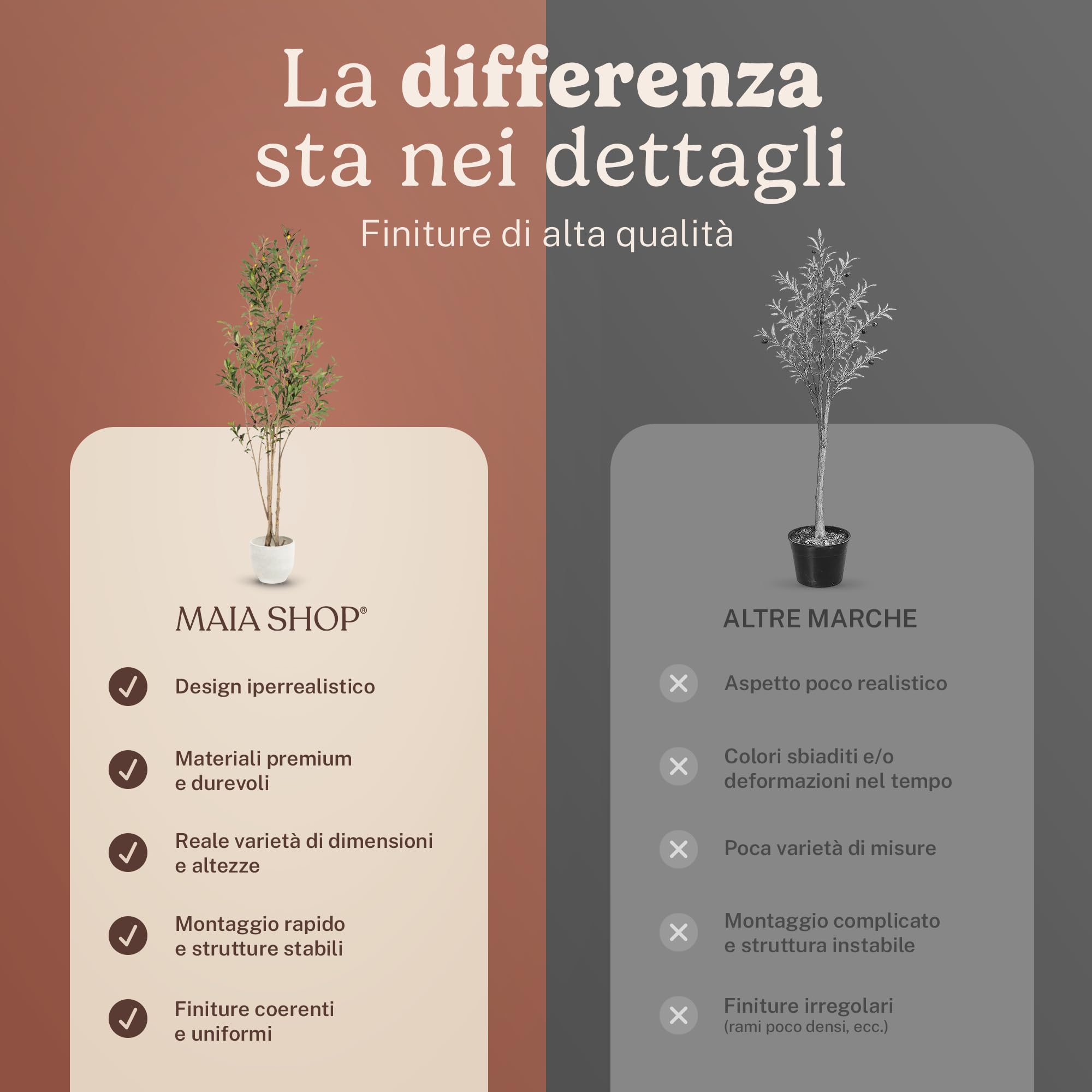 MAIA SHOP Olivo artificiale Flair 150 cm Minimal, pianta finta da interno con tronco naturale, albero decorativo realistico per casa ufficio hotel