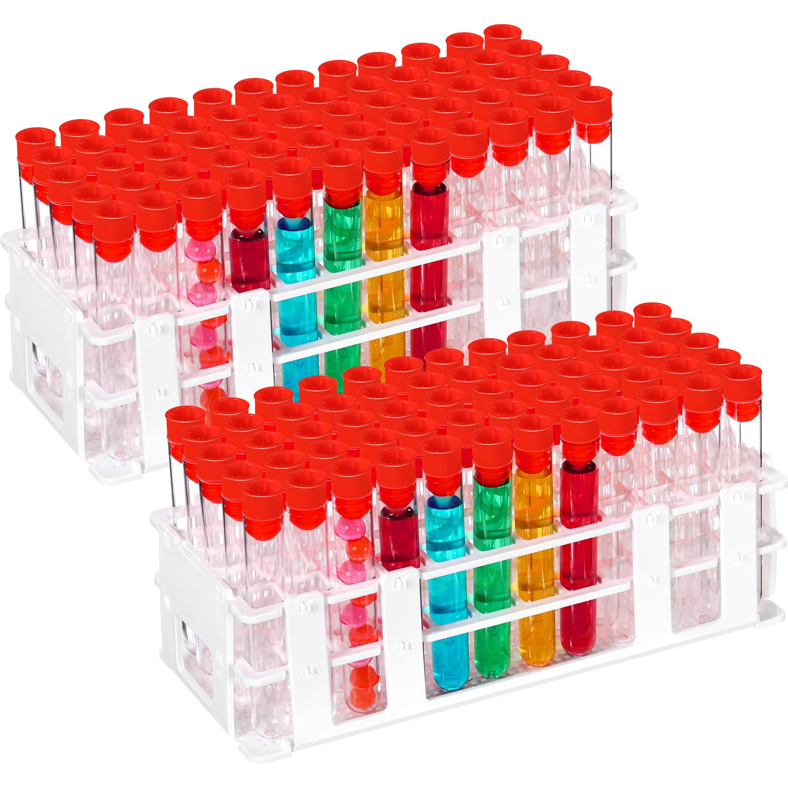 Threehoney 120 Pcs Plastic Test Tubes with Rack Set 16 x 100mm Test Tube with Caps and 60 Holes Tubes Rack for Scientific Experiments Candy Liquid