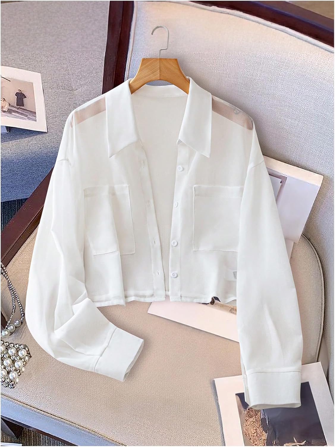 SweatyRocks Women's See Through Long Sleeve Button Down Blouse Shirt Tops with Pocket - Image 3