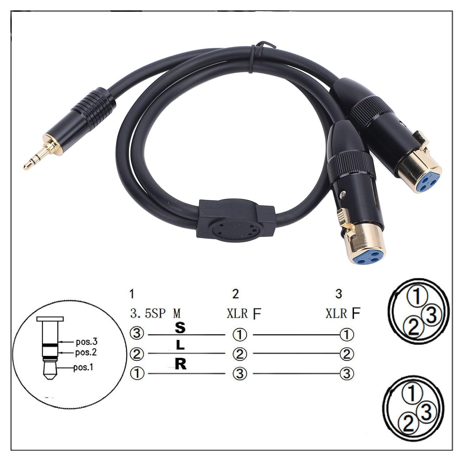3.5mm to Dual XLR Stereo Cable 1/8in Jack to 2 XLR Female Adapter with 24k Gold Plated Connectors for Mixers Active Speakers