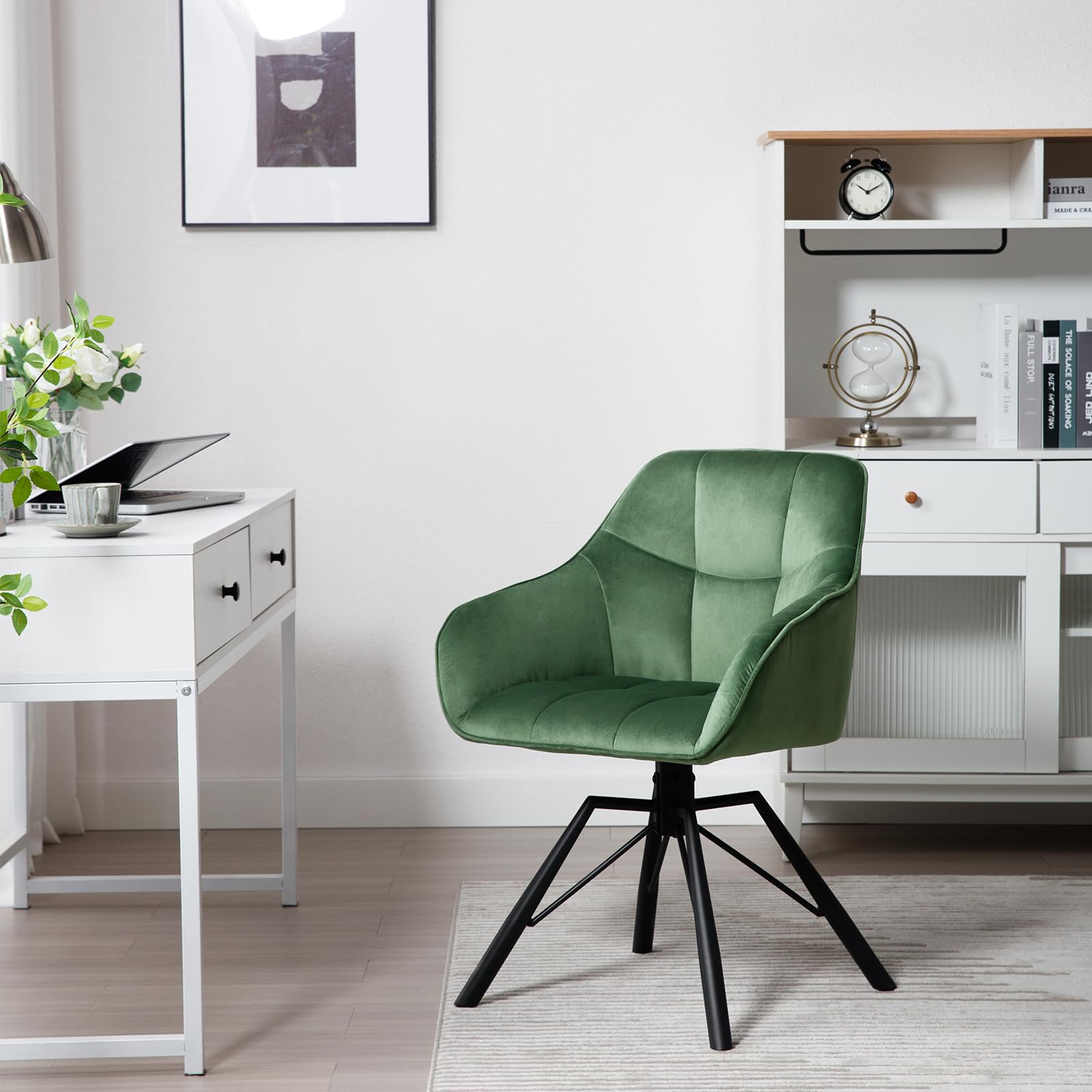 WOLTU Chaise Pivotante à 360°, Lot de 2, Chaise Salle à Manger Scandinave, en Velours, Assise Rembourrée, Pieds en Métal, Vert Foncé.