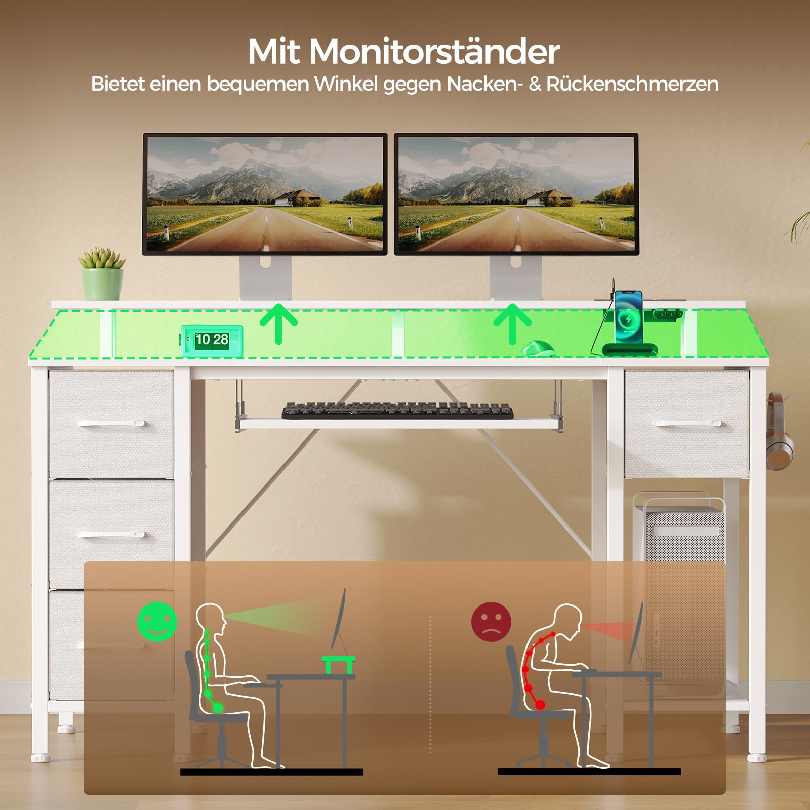 Rolanstar Schreibtisch mit Schubladen, 120x47cm Gaming Tisch mit Steckdose, LED & Monitorständer, Computertisch mit Tastaturablage, Gaming Schreibtisch für Home Office, Büro, Wohnzimmer, weiß