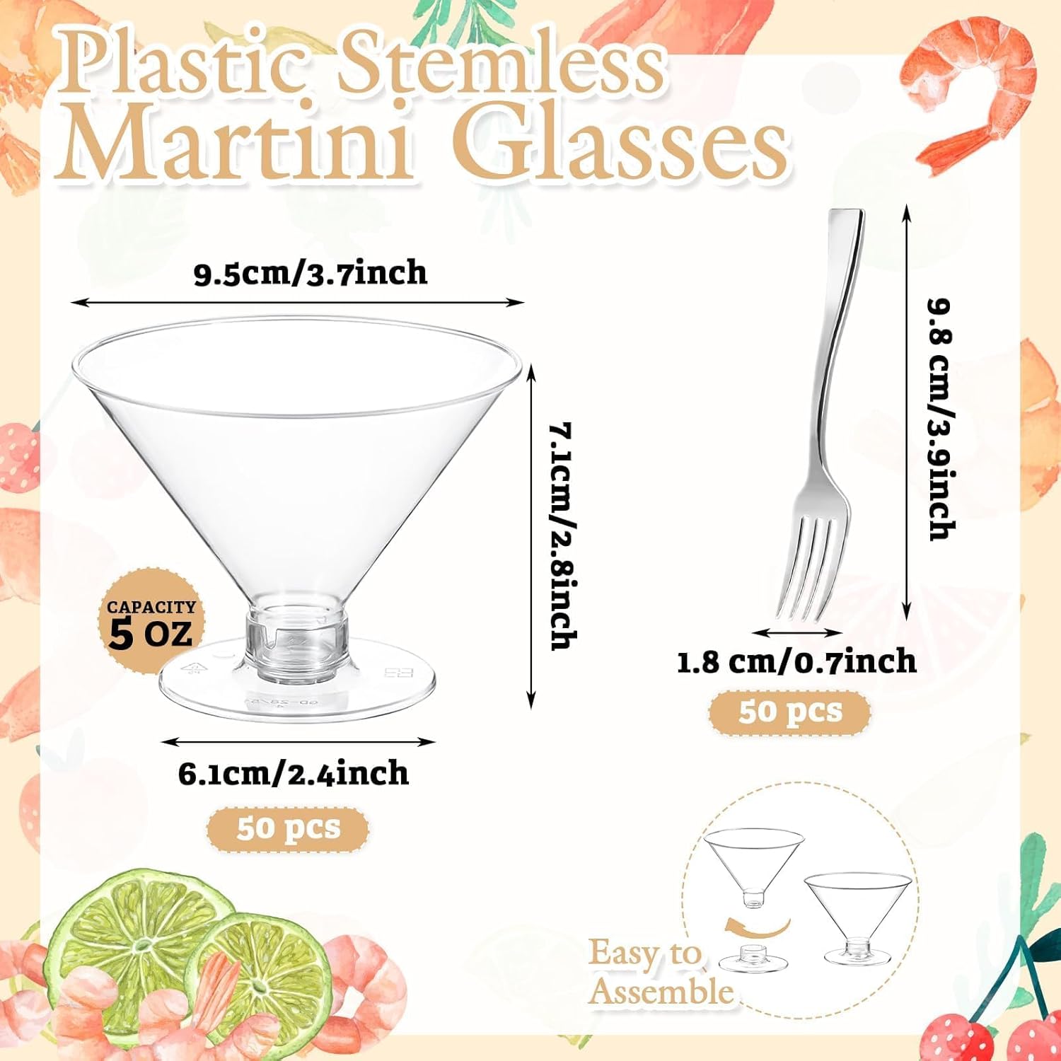 100 Pack Plastic Martini Glasses Disposable with Mini Silver Forks, 50 Pcs Forks and 50 Pcs 5oz Shrimp Cocktail Cups, Clear Disposable Cocktail Glasses for Wedding, Desserts and Appetizers (Clear)
