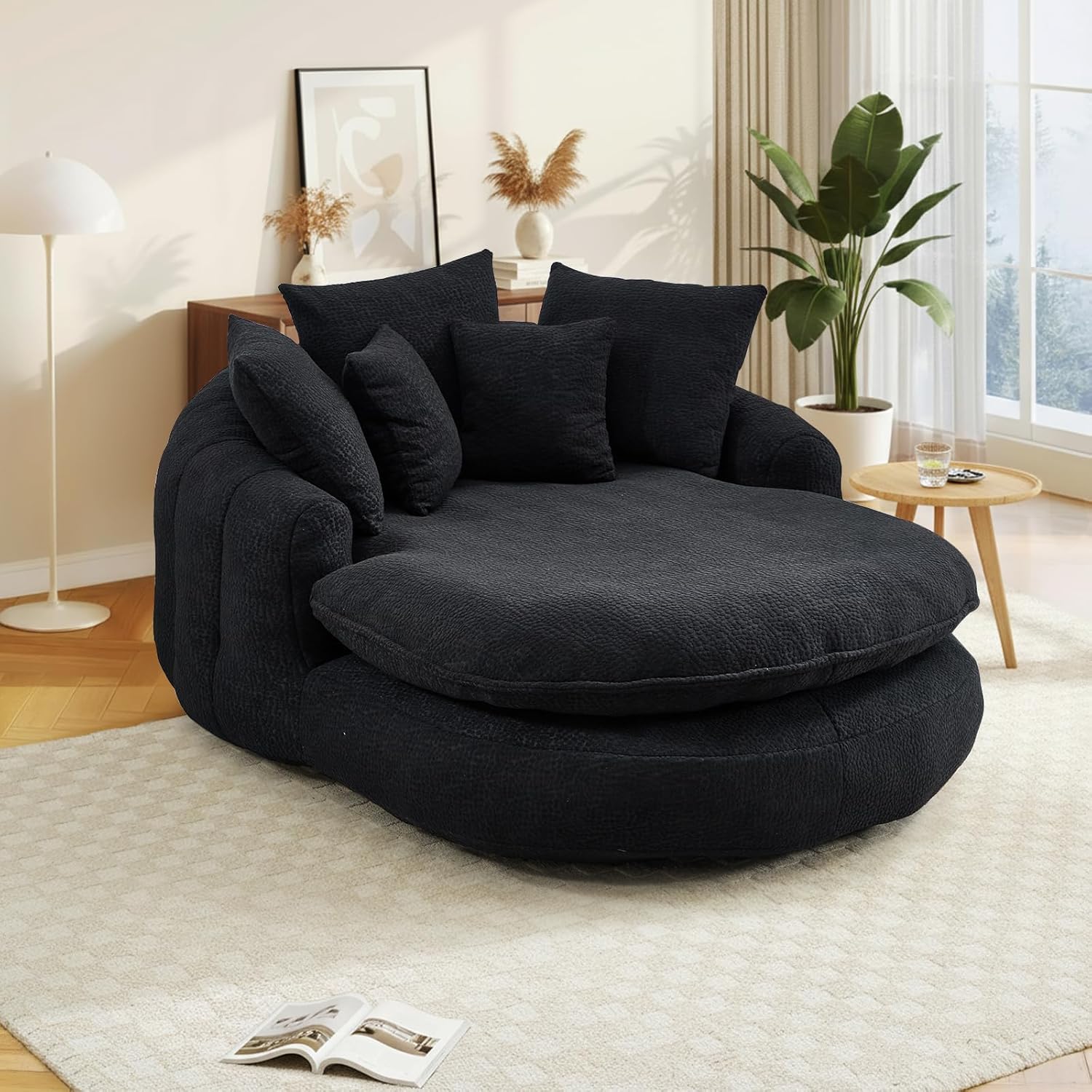 71" Oversized Chaise Lounge Chair Indoor, Oval Chenille Upholstered Deep Seat Cloud Chair with 5 Throw Pillows, Boneless Chaise Lounge for Living Room, Bedroom, No Assembly Required (Black, 71")