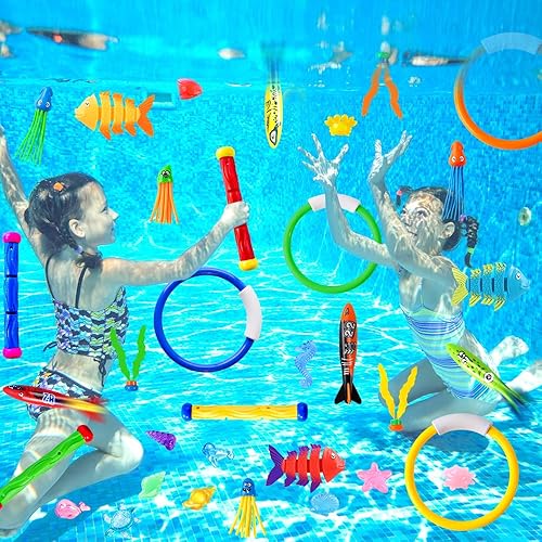 Miniatura 5 de YUJUN 35 juguetes de natación de buceo en piscina, juguetes de verano subacuáticos, con peces de piscina, palos de buceo, anillos, bolsa de