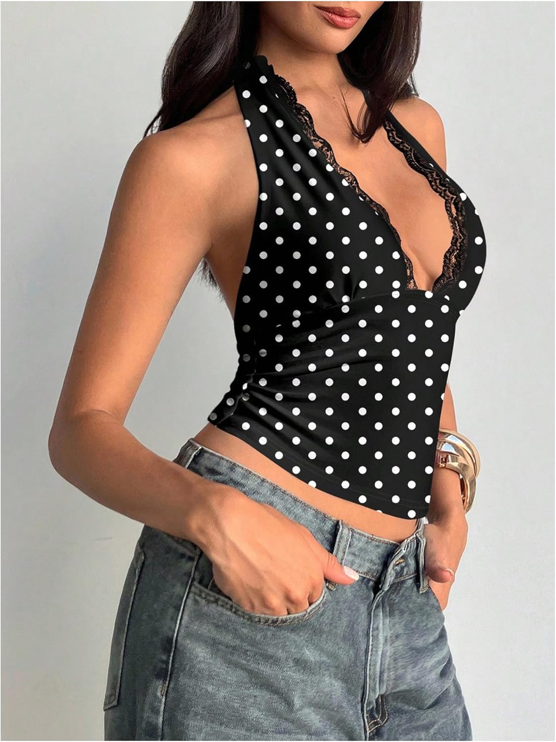 WDIRARA Women's Polka Dots Halter Top Lace Trim Deep V Neck Tie Backless Tank Tops - Image 3