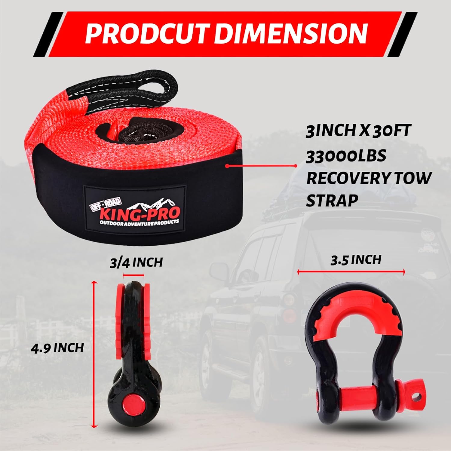 KING-PRO Recovery Snatch Strap 3" x 30ft, 33,000lbs Breaking Strength with 23% Elongation, 100% Nylon Kinetic Towing Strap with 2pcs Heavy Duty 3/4 D Ring Shackles for Truck SUV ATV Off Road