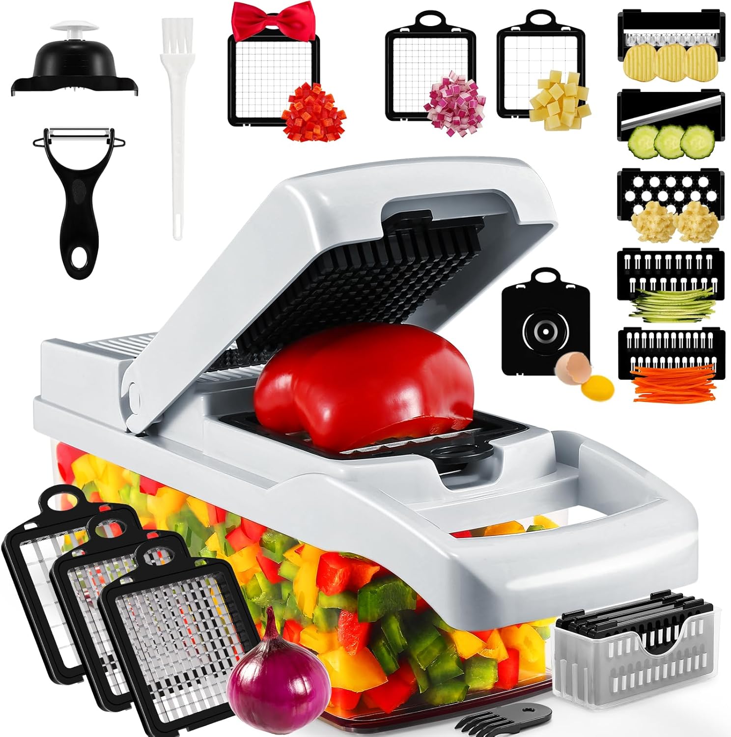 Professional Compact Vegetable Chopper, Vegetable Cutter, Food Chopper, Veggie Chopper, Vegetable Chopper With Container, Onion Chopper, Vegetable Slicer, Veggie Slicer, Mandoline Slicer (9 Inserts) Large White