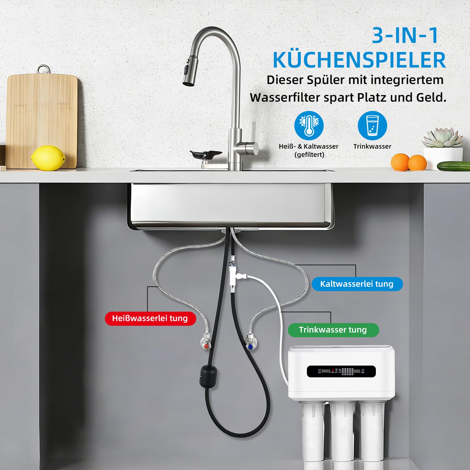 Rubinetto Cucina 3 vie Mynaiad Filtro acqua Lavaglassi Estraibile Doppia Uscita, Rotazione a 360°, Rubinetto Lavello Cucina, Miscelatore Cucina, Acciaio Inossidabile 304 Spazzolato