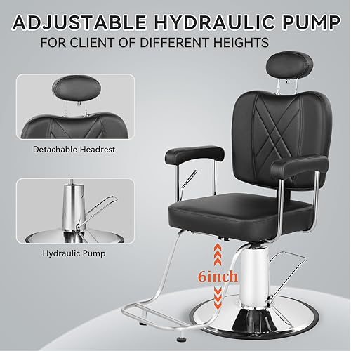 Miniatura 5 de Silla de peluquería negra, silla de pelo multiusos para peluquería casera, bomba hidráulica resistente con rotación de 360, silla reclinable de