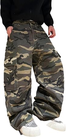 DFGIGT Mens Goth Baggy Cargo Jeans Steampunk Patchwork Wide Leg Jeans