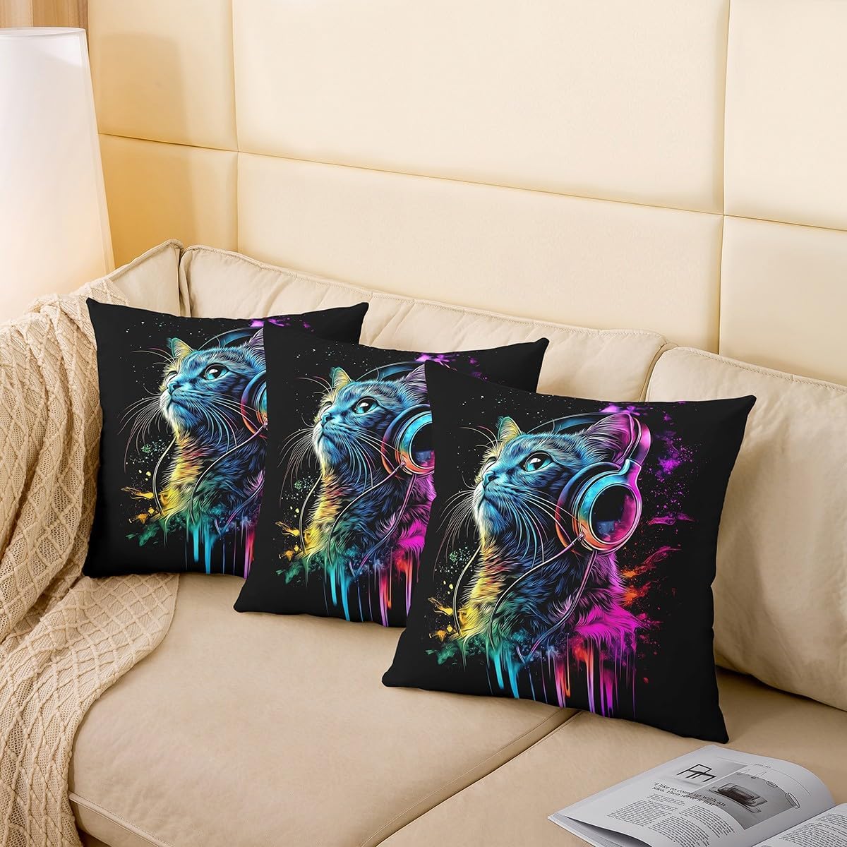 Manfei Music Theme Double Sides Print Pillow Cover,Gaming Headset Pillowcase Soft Square Cushion Case 24"x 24",Cat Animals Pack of 2 Throw Pillow Covers image 4