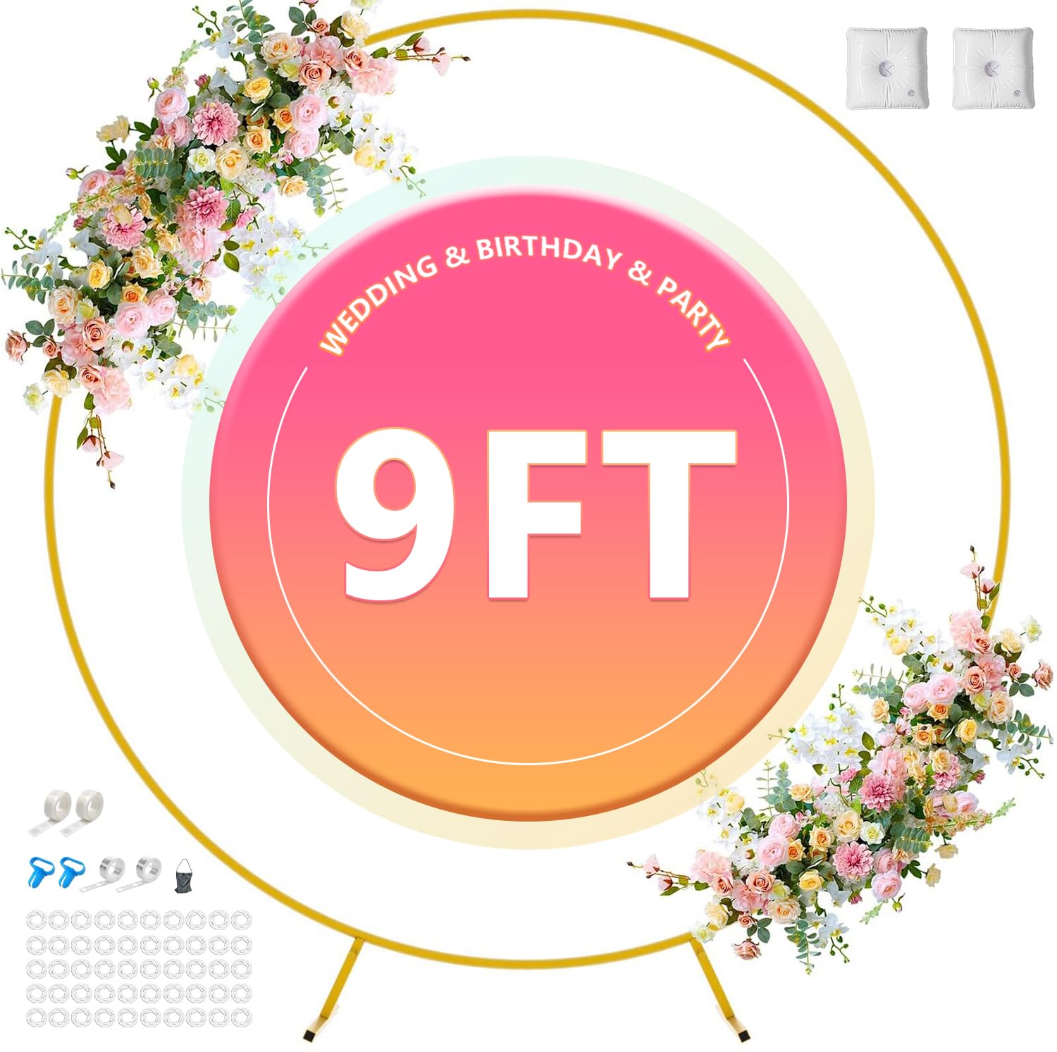 Round Backdrop Stand 9ft Circle Balloon Arch Frame Gold Round Balloon Arch Stand Circle Wedding Arch Metal Arch Backdrop Stand for Parties Birthday Wedding Baby Shower Backdrop Decoration