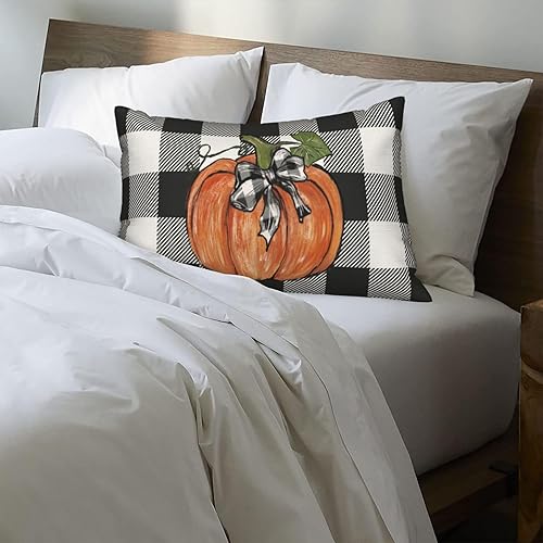 Miniatura 101 de Juego de 2 fundas de almohada de otoño de 18 x 18 pulgadas, hojas de arce de calabaza y búfalo a cuadros, decoración de otoño, de lino, Acción