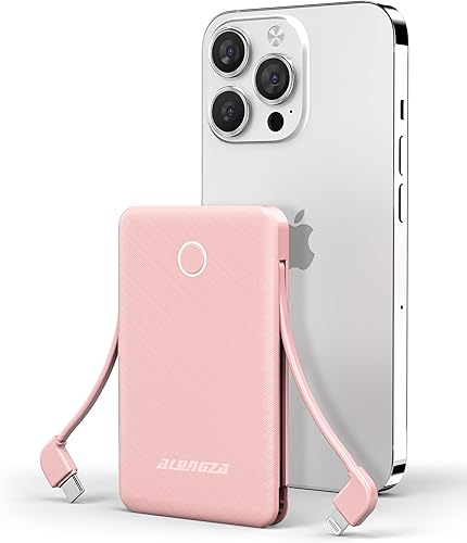 Alongza Cargador portátil de 6000 mAh con cables integrados, mini banco de energía ultra delgado y USB C de carga rápida, batería esencial de viaje