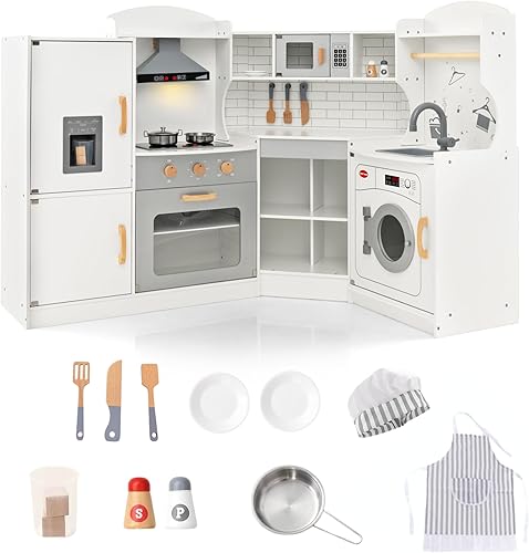 Juego de cocina esquinera de madera para niños con luces y sonidos, juego de cocina de juguete con juego de chef, cocina para niños pequeños con
