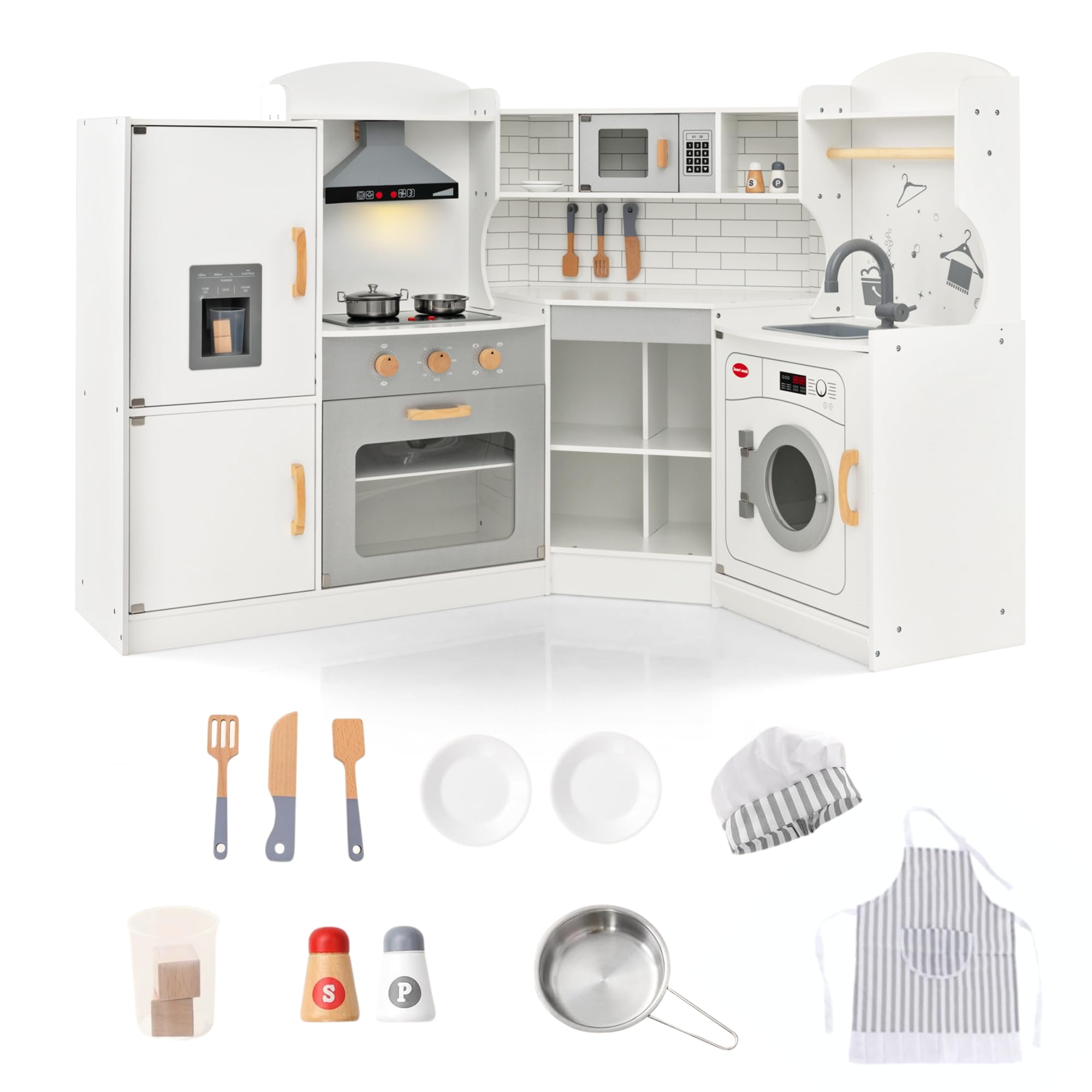 Corner Wooden Play Kitchen Set for Kids w/Lights & Sounds, Toy Kitchen Set w/Chef Suit Set, Toddler Kitchen w/Ice Make, Washing Machine, Microwave, Sink, Kids Kitchen Playset for 3+ Toddlers, White