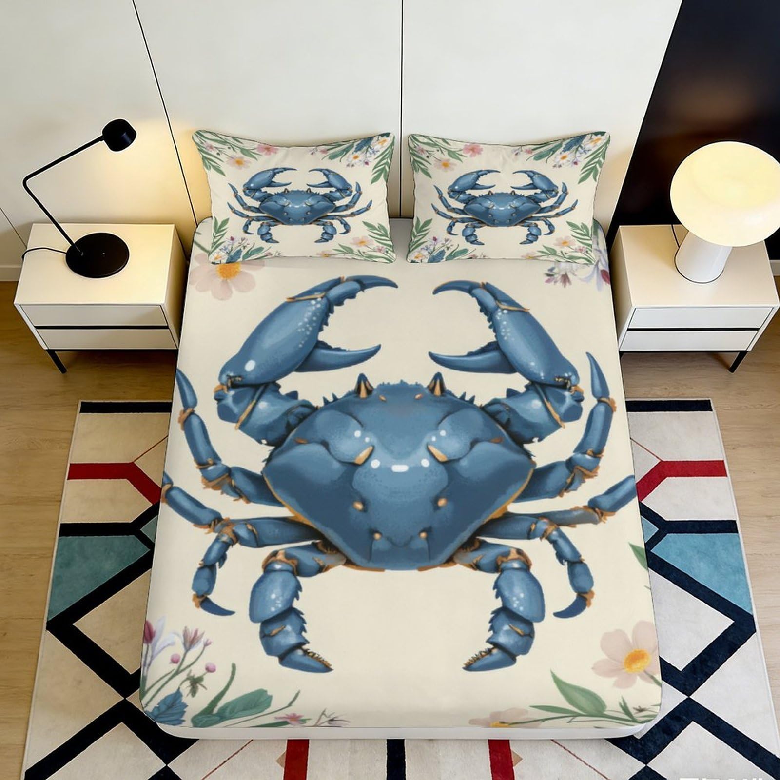 3D Printed Blue Crab Fitted Sheet Microfiber Soft Breathable Ocean Marine Bed Cover for Bedroom Dorm Mattress Protection Decor 90x200x25cm