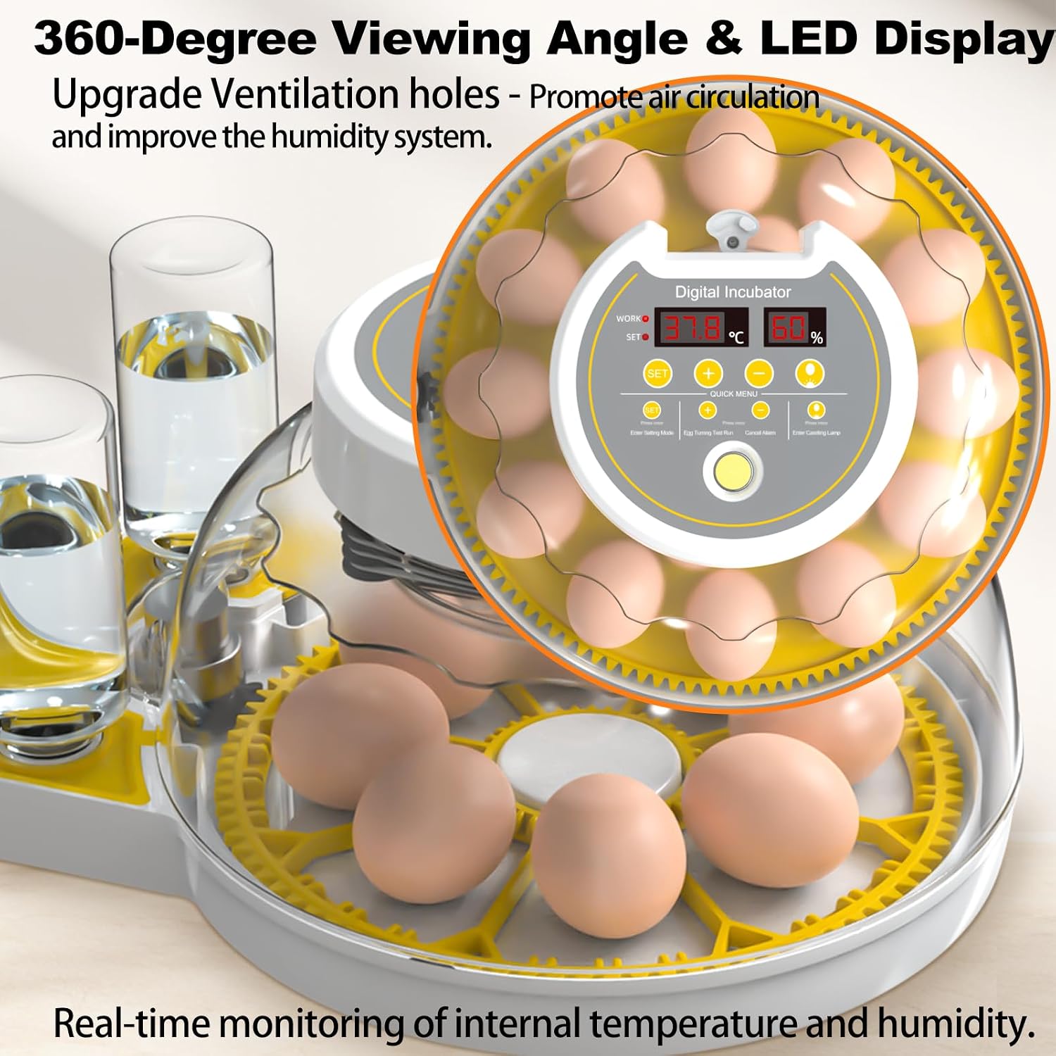 Egg Incubators for Hatching Eggs, 8/30 Chicken Egg Incubator with Automatic Egg Turning, Temperature Control & Humidity Display, Egg Candler, Home Use for Chicken, Duck, Quail - 2 Egg Trays Yellow