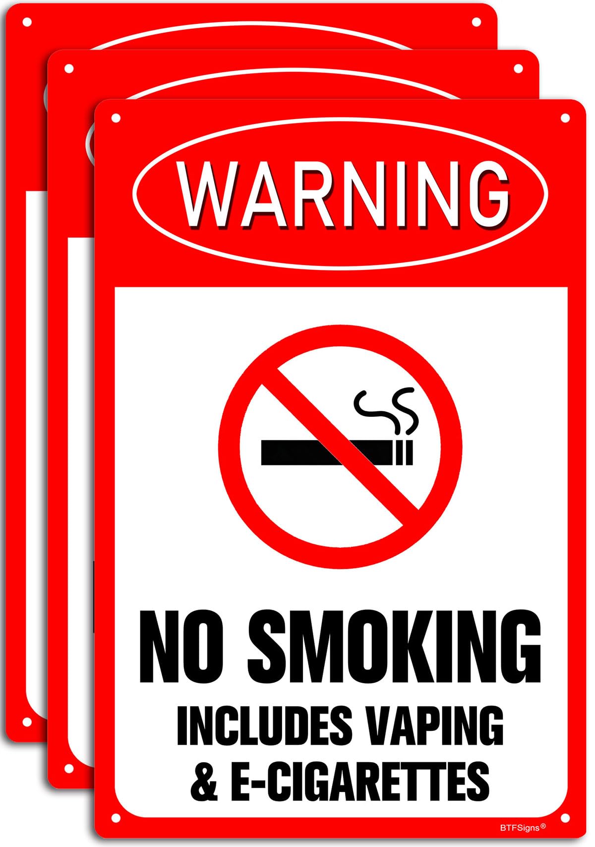 BTFSigns (3 pack) No Smoking Includes Vaping & E-Cigarettes Sign, 8"x12" Aluminum Warning Signs Conspicuous Red