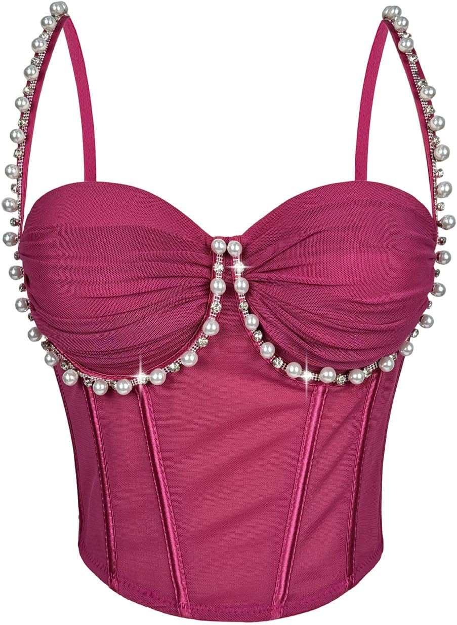 Women's Rhinestone Chain Strap Bustier Crop Top Corset Cami Tank | Push-Up Boned Spaghetti Strap Corset, Sweetheart Neckline with CRYSTAL, JEWEL Trim, for Club, Party, Date Night