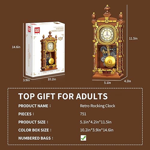 Miniatura 6 de Juego de bloques de construcción de reloj oscilante vintage, 751 piezas de reloj mecánico de trabajo real con alarma, péndulo móvil y esfera