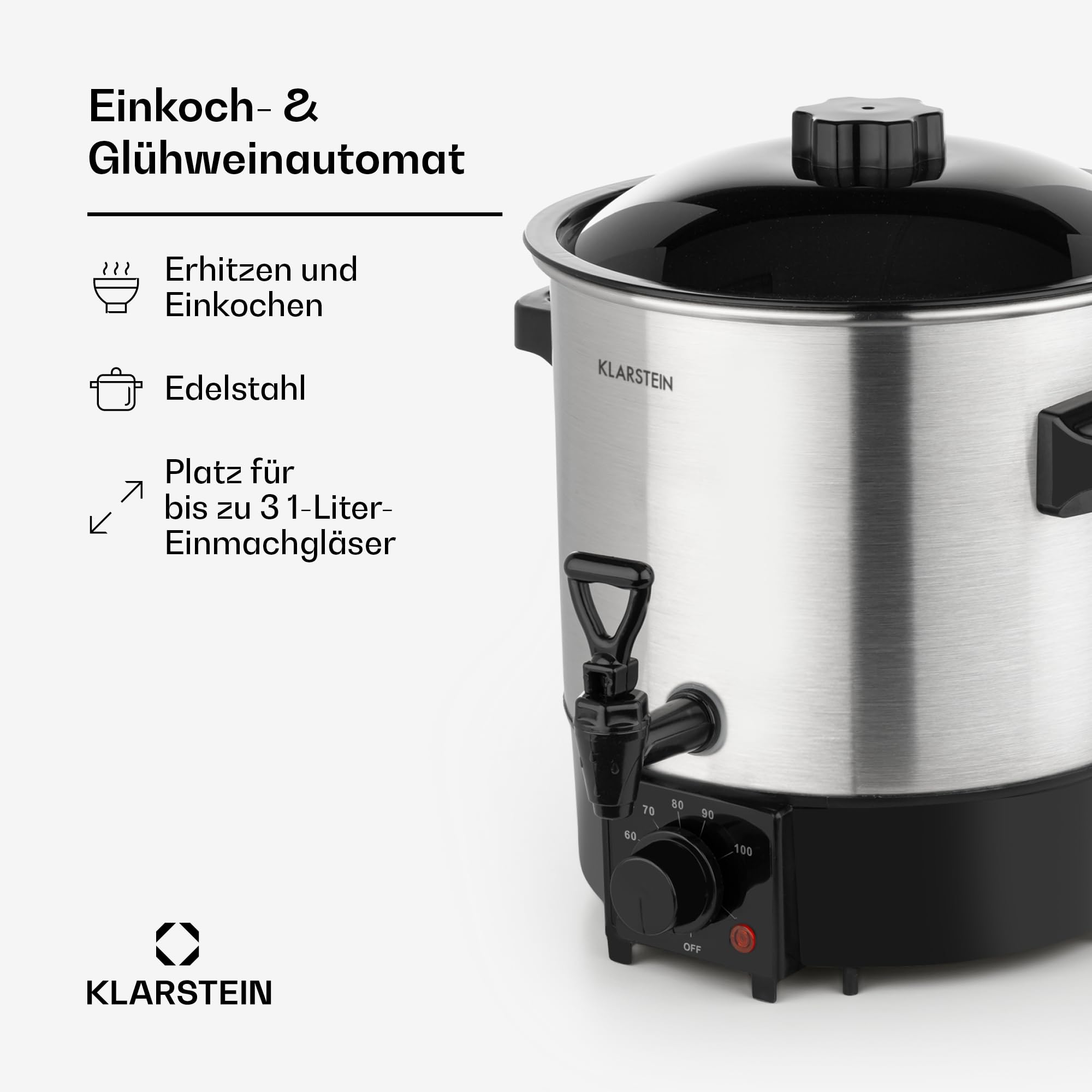 Klarstein Biggie Eco Einkochautomat & Getränkespender, 1000W, 30-100°C, 9 Liter, Zapfhahn, Kontrollleuchte, Einlegerost