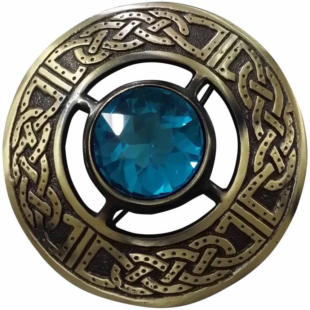 Scottish Men Celtic Kilt Fly Plaid Brooch Antique Plated in Various Stones (Sky Blue Stone)