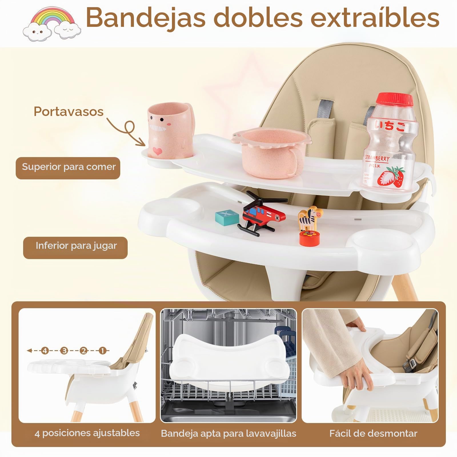 LIFEZEAL Trona para Bebé, Silla de Comedor 6 en 1 con Cojín de Asiento Extraíble, Arnés de Seguridad, Asiento Infantil con Bandeja Extraíble y Tabla de Bloques para Bebé de 6 a 36 Meses (Caqui)