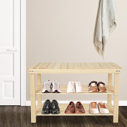 Miniatura 20 de ECOMEX Banco de entrada de 2 niveles con estante para zapatos, banco de almacenamiento de madera para pasillo, color natural, grande Color