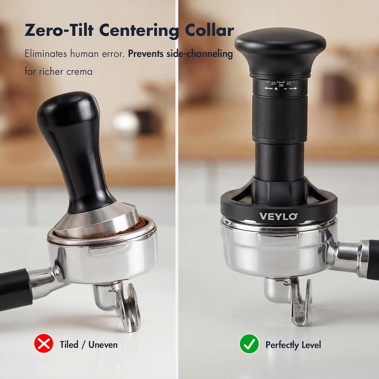 VEYLO 54mm Espresso Tamper (53.3mm Base), Adjustable 20-30 lb Coffee Tamper with Audible Click Feedback, 24-Click Precision Dial, 20/25/30 lb Marks, No Spring Swap, Stainless Steel Flat Base, Black