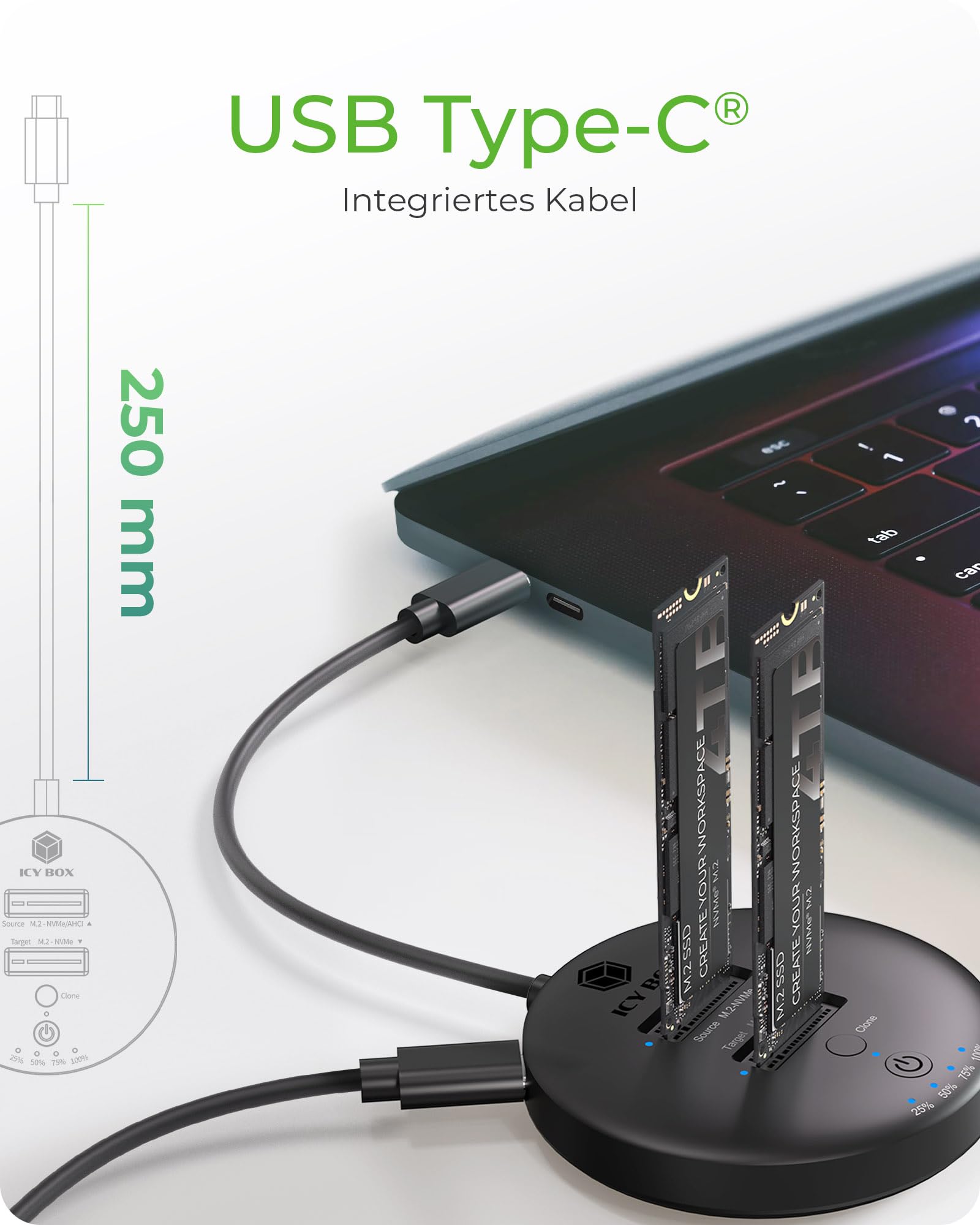 ICY Box M.2 NVMe SSD Klon- und DockingStation, USB-C 3.1 Gen 2, bis 10 Gbit/s, Dual Bay, Autarkes Klonen ohne PC, für 22x30/42/60/80/110 mm SSDs, IB-1612MCL-C31