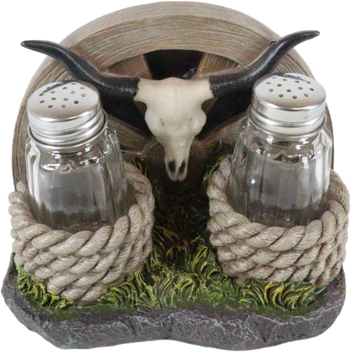 Ebros Gift Rustic Western Wagon Wheel With Coiled Ropes Longhorn Cow Skull Salt and Pepper Glass Shakers Holder Set Decorative Display Kitchen Dining Centerpiece Figurine