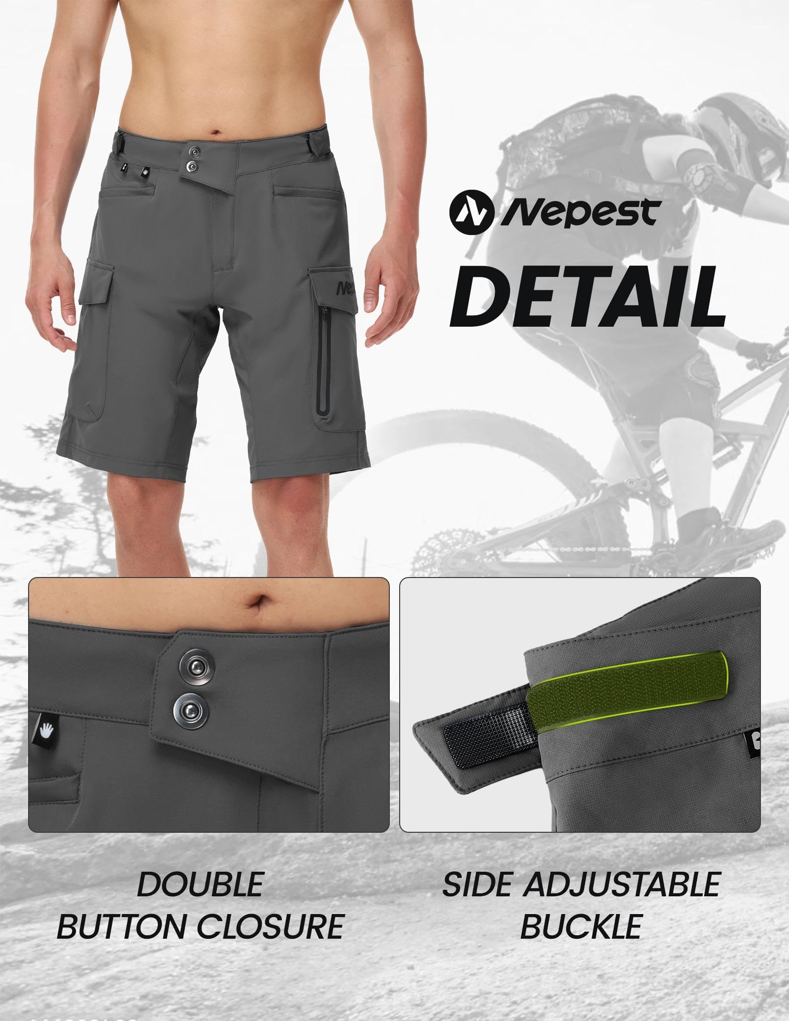 Nepest MTB Hose Herren Kurz 4D Gepolstert, 2-in-1 Abnehmbare Radhose | Fahrradhose Herren Gepolstert, Leicht, Wasserabweisend, 6 Taschen, Atmungsaktiv, Mountainbike Shorts, Radfahren, Trail