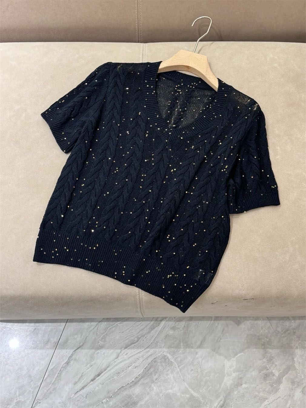 Maglione da donna lavorato a maglia con paillettes top scollo a V a maniche corte
