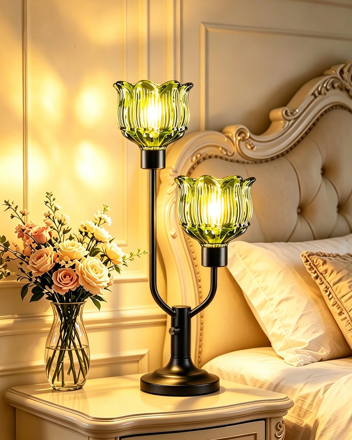 Lightdot Green Glass Table Lamp Dimmable Vintage Black Flower Lamp Gift