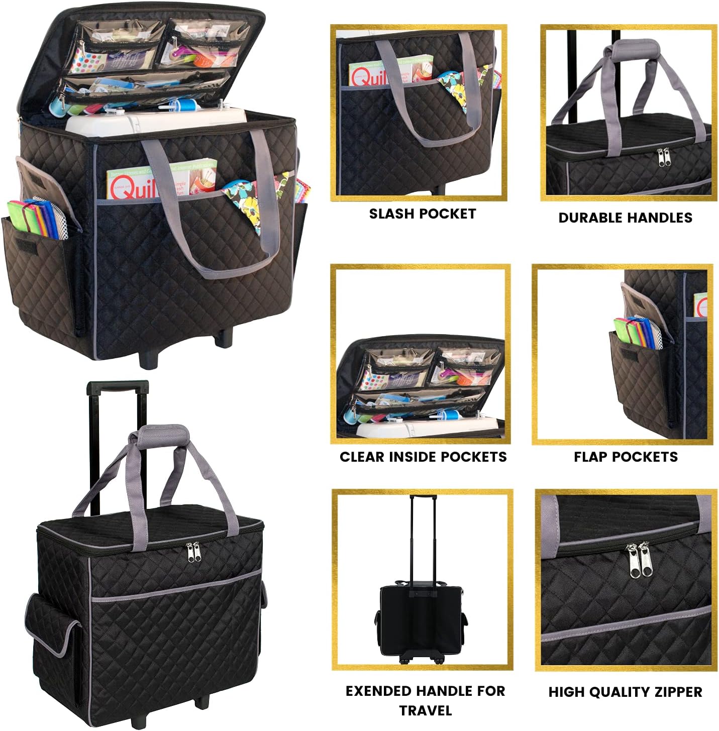 Everything Mary Sewing Machine Rolling Carrying Case, Black Quilted - Trolley Bag with Wheels For Brother, Bernina, Singer & Most Machines - Wheeled Tote Carrier for Notions & Crafts
