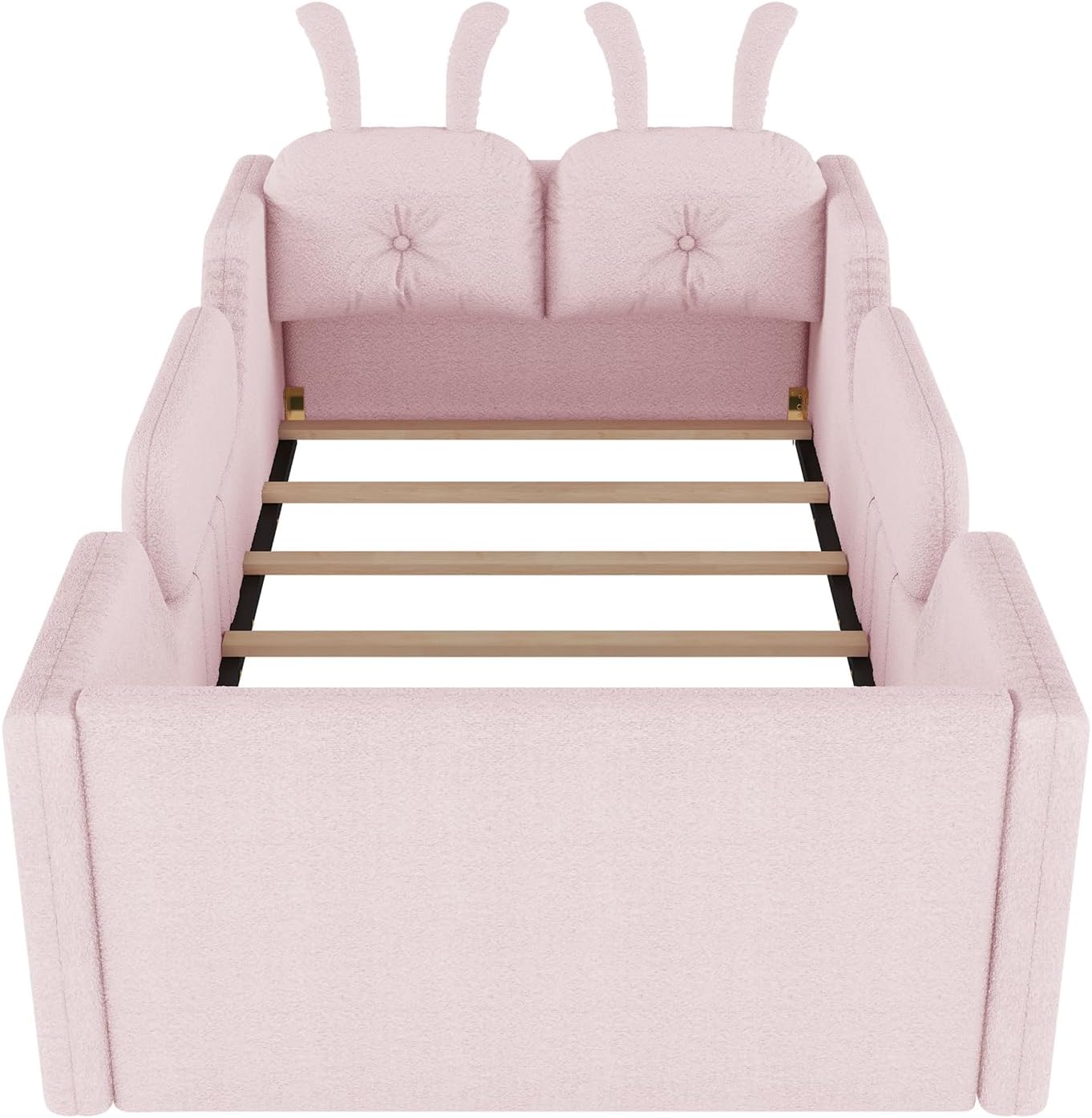 Twin Size Kids Bed, Comfy Boucle Fabric Twin Daybed with Rabbit Cushions & Removable Side Rails, Upholstered Platform Bed, Cute Cozy Floor Bed for Girls, Boys, Teenager(Pink)