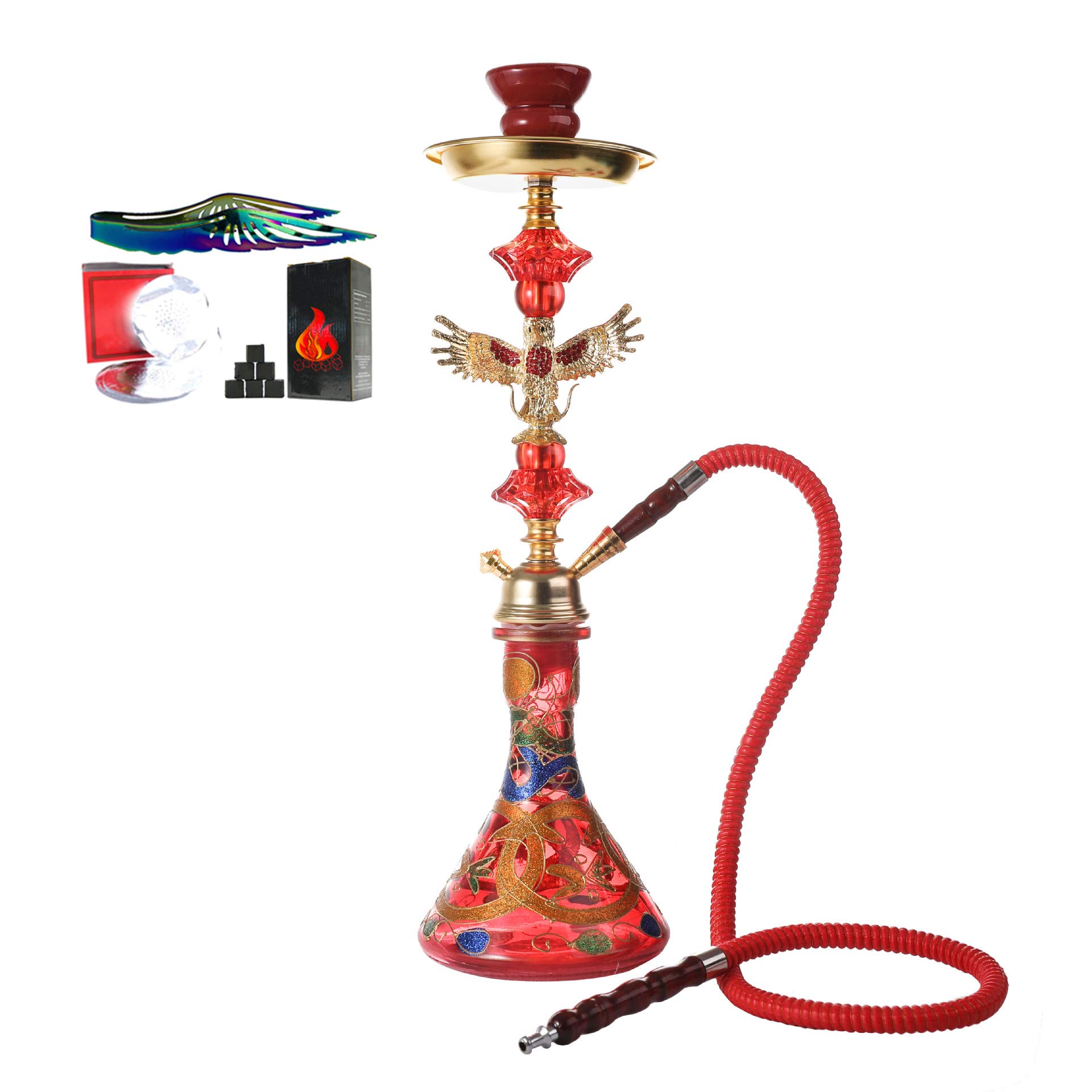 Juego de Cachimba Shisha de Vidrio, con un Cuenco de una Sola Manguera Y Clip de Carbón Gratis Cachimba, Olla de Cerámica, Bar Y Shisha para Discoteca Juego Completo de Accesorios,Rojo